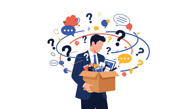 Businessman carrying a box of office belongings surrounded by question marks and speech bubbles representing job loss or career transition.