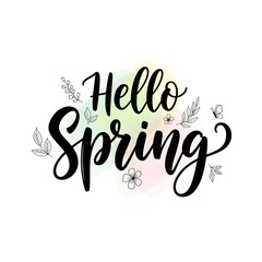 Fototapeta premium Hello Spring lettering with floral and butterfly elements