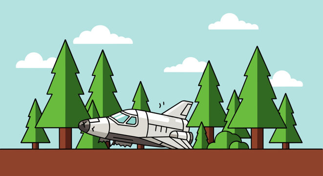 ufo toy crash a spaceship rocket unexpectedly landed in a green forest landscape cartoon flat design illustration
