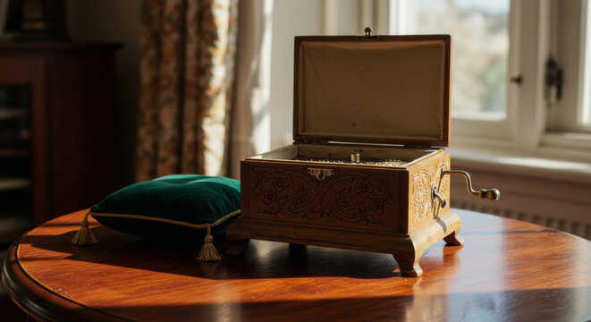 Antique hand cranked music box with carvings, resting beside velvet pillow on wooden table, sunlit room setting.
