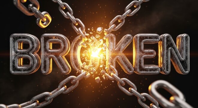 Broken chain with glowing link freedom.