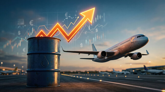 Jet takeoff with fuel barrel and rising arrow on graph at sunset airport runway