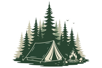 Obraz premium Camping Forest Illustration – Minimalist Tent and Pine Trees Nature Design