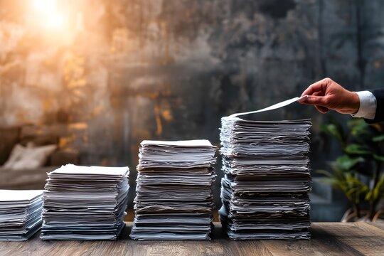 Wachsende Stapel von Dokumenten mit Hand &ndash; Symbol f&uuml;r steigende B&uuml;rokratie und Arbeitsbelastung