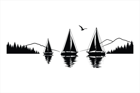 Vintage Sailboat Silhouettes with Seagull