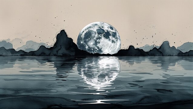 Full moon reflected on a calm water surface in an ink wash night landscape, serenity meditation and tranquil nature concept