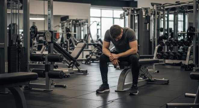 Exhausted fitness trainer sitting on bench in gym after intense workout