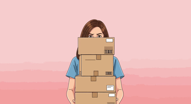 Young woman holding a stack of cardboard boxes in front of a pink background, conveying a sense of shipping or moving