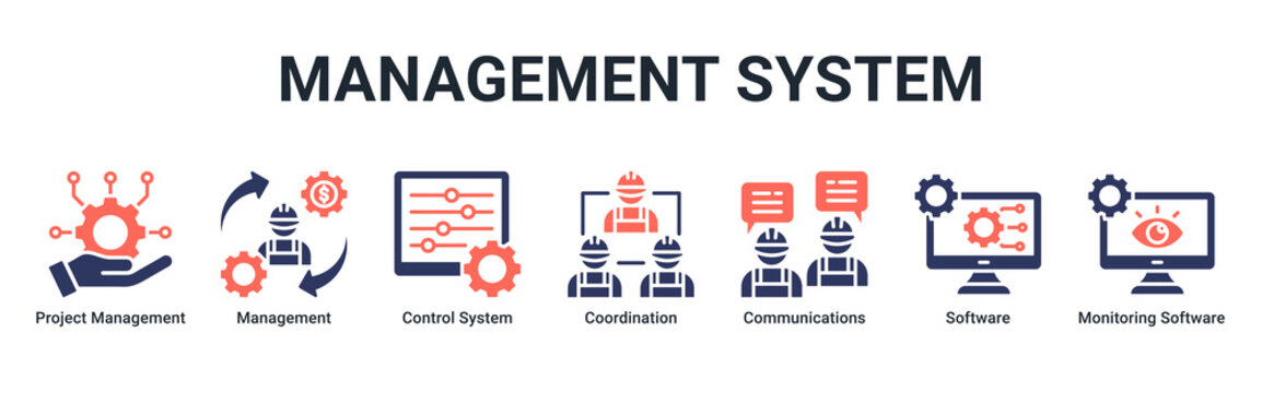 Management System web banner icon vector illustration with icons of Project Management,Management,Control System,Coordination,Communications,Software and Monitoring Software
