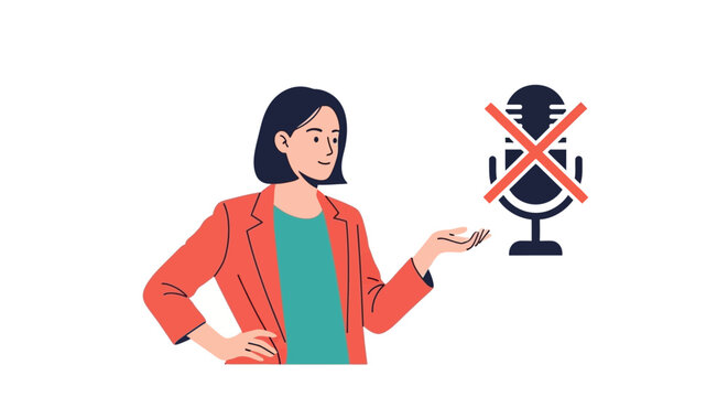 Woman gesturing to a microphone with a red cross over it, symbolizing muted or disabled audio