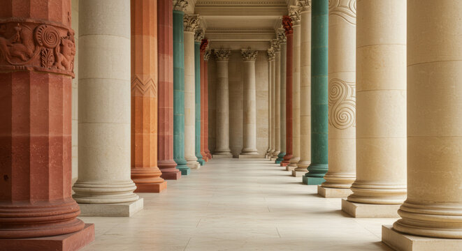 Long corridor with ornate, multi marble columns, classical architecture, neoclassical design, interior space, symmetrical perspective.