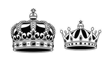 Two ornate royal crowns are depicted in a stark black and white illustration forming a striking silhouette high quality professional detailed © hasib