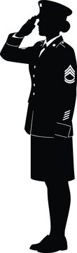 Black silhouette of a female soldier or sergeant in military uniform saluting with rank insignia, vector illustration isolated on white background.
