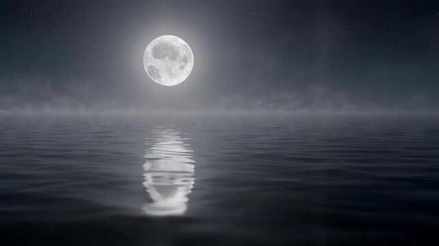 The moon is full and bright in the dark sky reflecting off the water