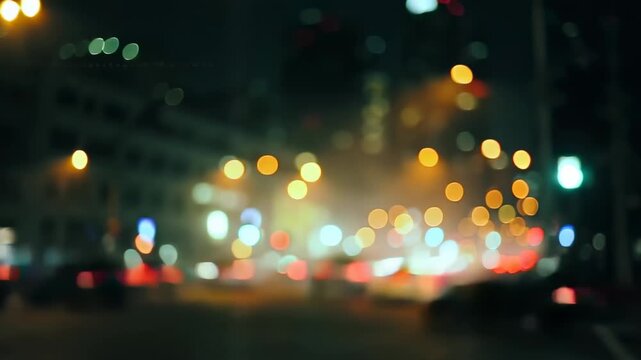 Blurry nighttime city lights with traffic