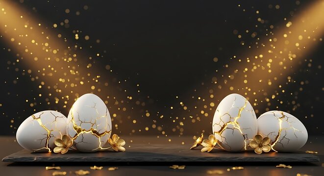 A group of white eggs with golden cracks and flowers on a black slate plate against a dark background