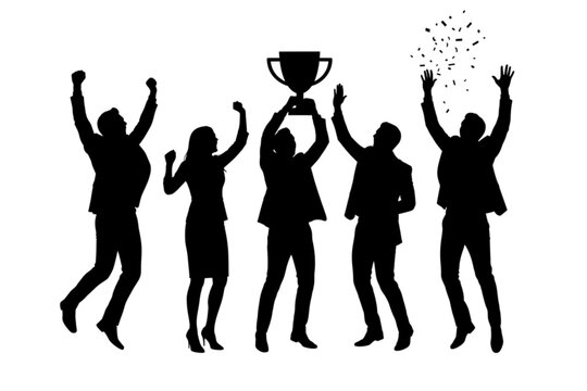 Silhouette of Success: A dynamic silhouette captures a team's jubilant triumph as they celebrate a remarkable victory, lifting a trophy and embracing achievement.