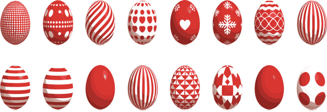 Red and white Easter egg vector set with various geometric patterns, stripes, hearts, and snowflakes