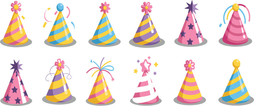 Colorful party hat vector set with stars, stripes, and pom poms for birthday celebration designs