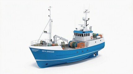 Naklejka premium A Blue and White Fishing Trawler Boat with a Crane and Trawler Nets, Designed for Commercial Sea Fishing Operations
