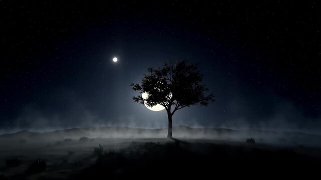 A tree with a moon in the background
