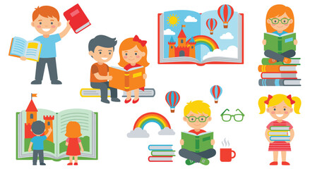 Fototapeta premium Children reading books and enjoying stories in various fun settings.