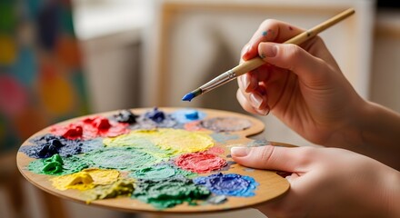 Naklejka premium Artist's hands with paintbrush and colorful paint palette