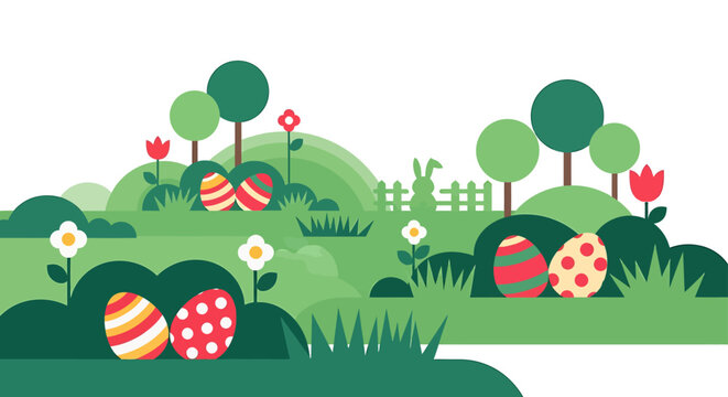 easter egg hunt spring landscape with colorful easter eggs and a cute bunny in flat design for holiday celebration.