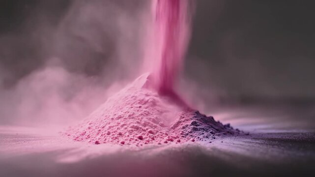 Colorful pink powder falling into a heap creating vibrant dust cloud. This pink powder arrangement shows fine texture and vivid color dispersion, enhancing artistic expression in creative projects.