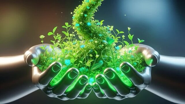 Sprouting green plant in robotic hands.