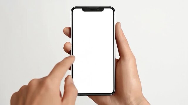 A person's hand holds a modern smartphone with a blank screen for customization