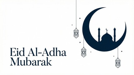Naklejka premium Joyful Eid al-Adha celebration greeting illustration with a stylized crescent moon, mosque silhouette, and festive lanterns, conveying blessings for the Islamic holiday