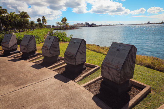 Oahu, Hawaii, USA. - September 22, 2024: War memorials at a harbor, USS Arizona Memorial, Pearl Harbor, Honolulu, Oahu, Hawaii Islands, USA