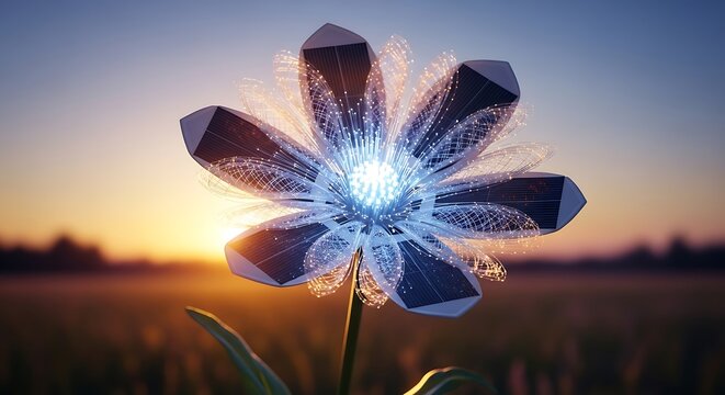 A futuristic robotic flower blooms in a field at sunset with a glowing center and metallic petals shining brightly.