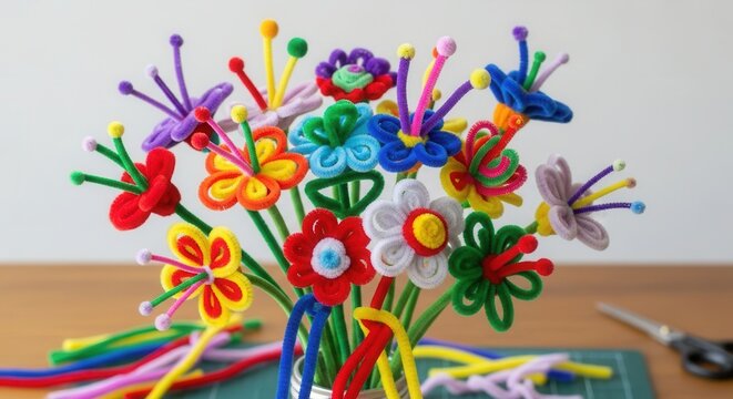 Colorful handmade flowers crafted from soft chenille stems or pipe cleaners, symbolizing creativity, imagination, and playful art. Perfect for DIY projects, crafts, and educational activities.