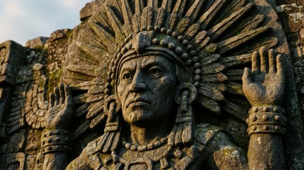 Obraz premium Stone Carving Of Indigenous Headdressed Figure On Temple Facade.
