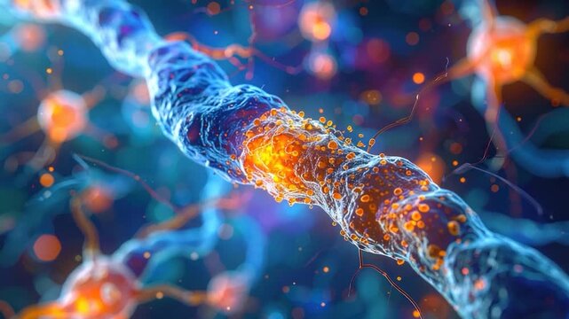 A vibrant, close-up digital render of a neuron with detailed structure