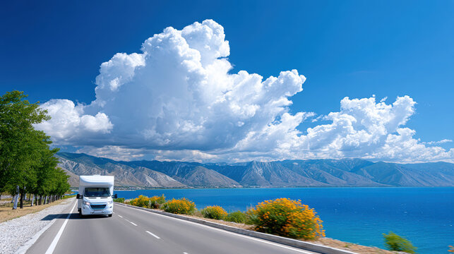 Motorhome driving on open highway beside blue lake under dramatic cumulus clouds for travel banner and scenic road trip background