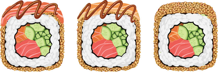 Sushi Roll Vector Illustration Set with Salmon Avocado Sushi Rolls Japanese Food Clipart Collection Isolated on Background © MdShakil