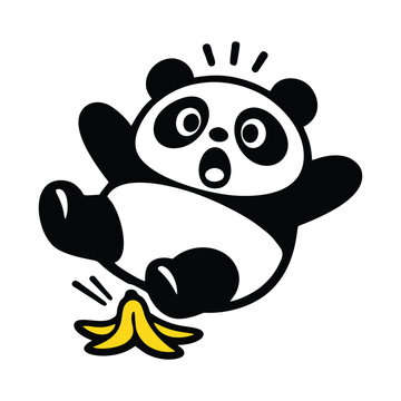 Funny Panda Slipping on Banana Peel Cartoon, Cute Clumsy Bear Character, Kawaii Animal Vector Illustration