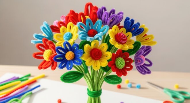 Colorful handmade flowers crafted from soft chenille stems or pipe cleaners, symbolizing creativity, imagination, and playful art. Perfect for DIY projects, crafts, and educational activities.
