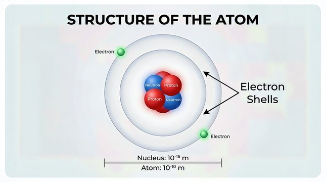 Atom, atomic structure diagram illustrating fundamental particles, nucleus containing protons neutrons, electrons orbiting in distinct energy shells, scientific concept.