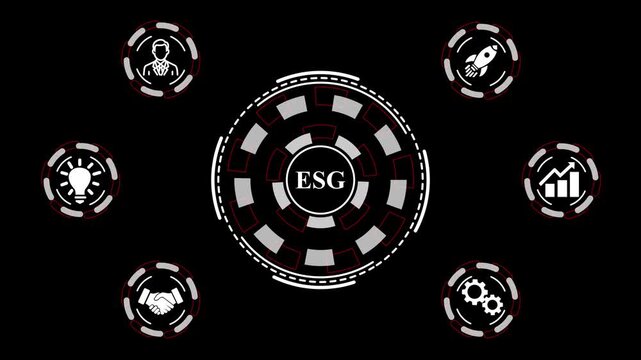 ESG Environmental Social Governance concept. Technology, Internet and network concept. a futuristic holographic advanced HUD circle platform Business, 4k motionTechnology,.