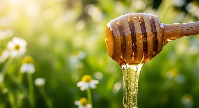A wooden honey dipper drips golden honey into the air with a blurred field of flowers in the background