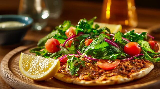 close-up of lahmacun pita served on table with fresh vegetables and lemon, casual dining setting, warm lighting, inviting atmosphere, shallow depth of field, focus on authentic eating experience