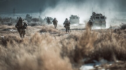 Fototapeta premium Military operation in a desert landscape.