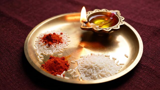 Colorful spices and oil lamp on brass plate for festive decoration and celebration. Vibrant spices include chili powder, rice, and salt. Perfect setup for cultural rituals and festive occasions.