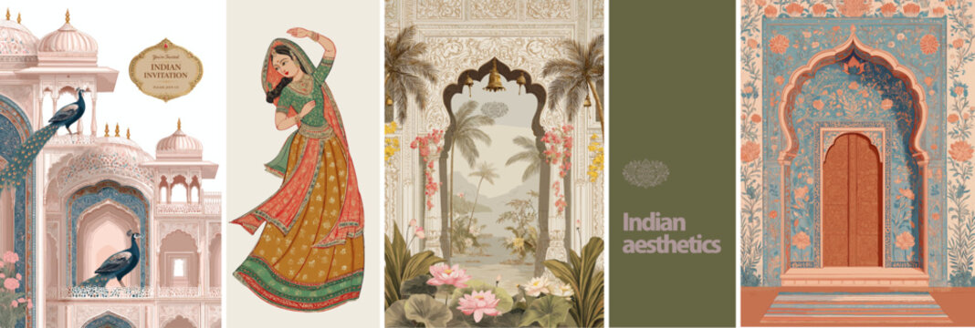 Indian aesthetic vector set with palace, peacocks and traditional dancer. Ornamental design inspired by heritage, culture and luxury decor for wedding invitations and artistic projects.