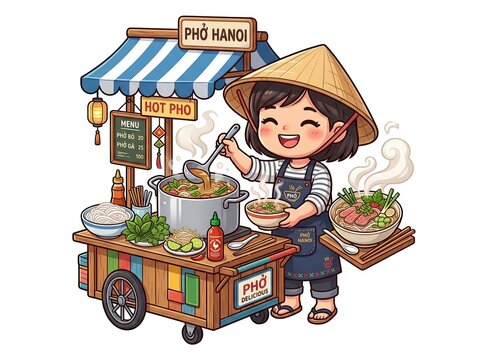 chibi street food vendor selling pho, steaming bowl, simple clean style, white background, commercial use


