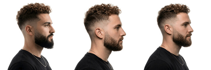 Obraz premium Man with curly hair and beard in black shirt isolated on transparent background